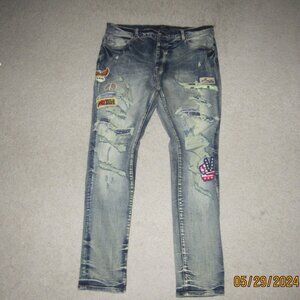 Amiri Men’s Size 38 Faded Wash Blue Amiri Logo Flag Skinny Distressed Jeans